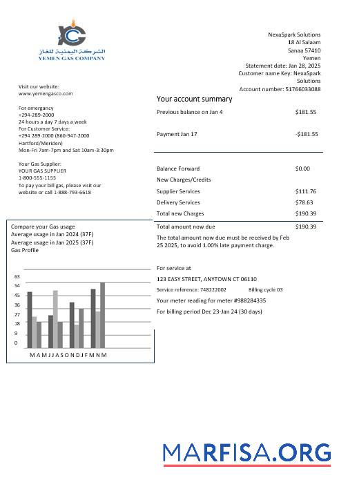 Blank Yemen Gas Company business utility bill template in Word and PDF formats